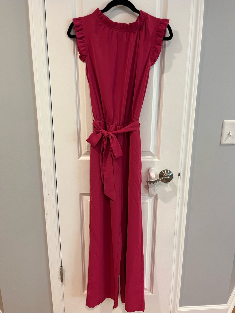 Sleeveless Fuchsia Belted Jumpsuit with Ruffle Trim